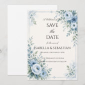 Stofbloem Blauw Bloemmotief Save The Date (Voorkant / Achterkant)