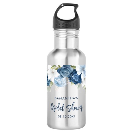 Stofbloem Blauw Bloemstuk Bruidsfeest Persoonlijk Waterfles (Voorkant)
