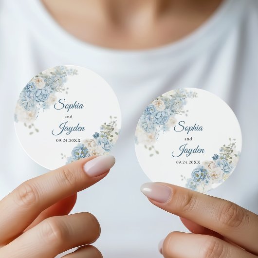 Stofbloem Blauw Bloemstuk Bruiloftsmonogram Waterv Ronde Sticker