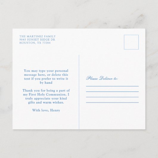 Stofbloem Blauw Bloemstuk Kruis Christelijke Dankj Briefkaart (Achterkant)