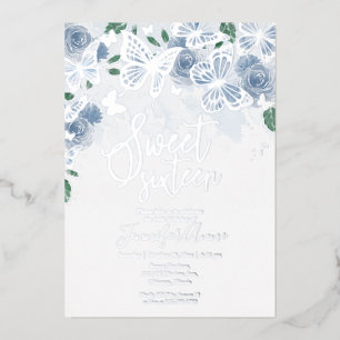 Stofbloem Blauw Bloemstuk Sweet 16 Vlinder Zilver Folie Uitnodiging