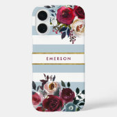 Stofbloem Blauw Boho Bloem Streep Monogram Case-Mate iPhone Case (Achterkant)