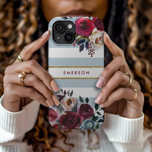 Stofbloem Blauw Boho Bloem Streep Monogram Case-Mate iPhone Case