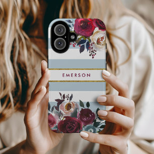 Stofbloem Blauw Boho Bloem Streep Monogram iPhone 16 Hoesje