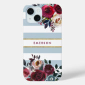 Stofbloem Blauw Boho Bloem Streep Monogram Case-Mate iPhone Case (Achterkant)