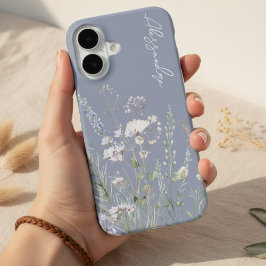 Stofbloem Blauw Boho Waterverf Wilde Bloemen iPhone 16 Hoesje