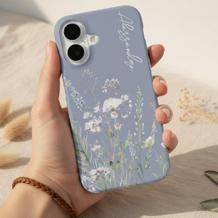 Stofbloem Blauw Boho Waterverf Wilde Bloemen iPhone 16 Hoesje