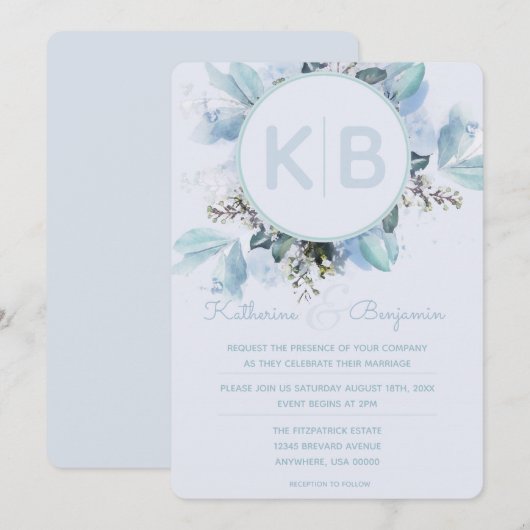 Stofbloem Blauw Botanisch Aquarel Monogram Kaart (Voorkant / Achterkant)