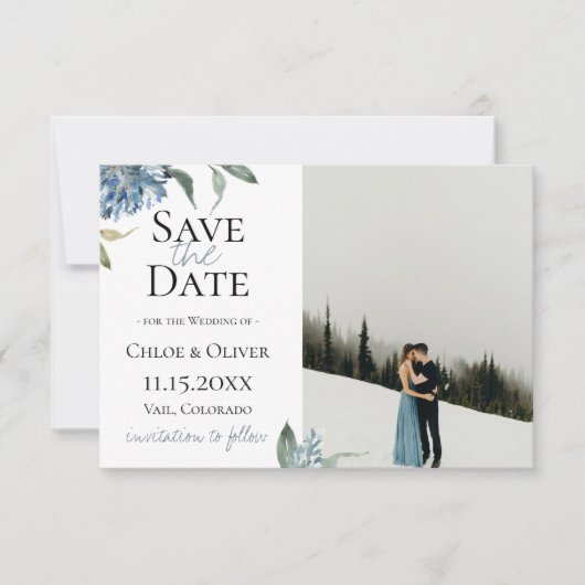 Stofbloem Blauw Botanische Foto Save The Date Aankondiging (Voorkant)