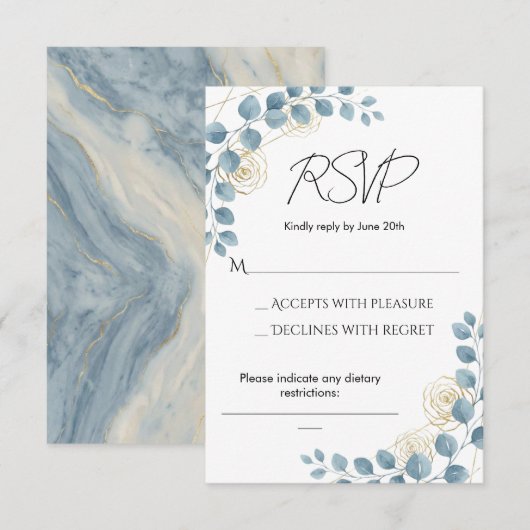 Stofbloem Blauw en Goud Bloemen Bruiloft RSVP Kaartje (Voorkant / Achterkant)