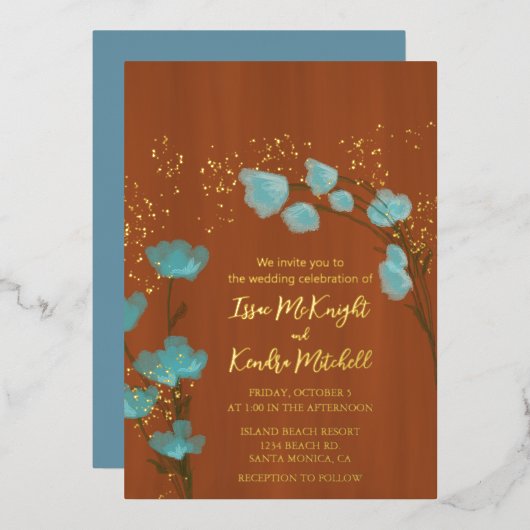 Stofbloem blauw en Verbrand Oranje Botanische Bloe Folie Uitnodiging (Voorkant / Achterkant)