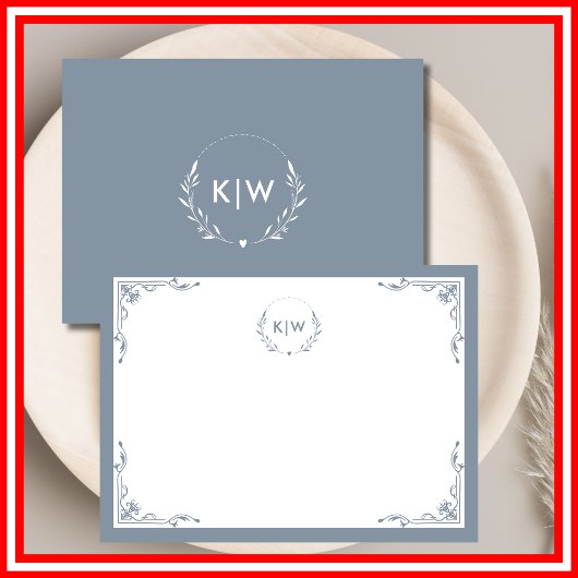 Stofbloem Blauw en Wit | Modern Initialen Monogram Notitiekaartje