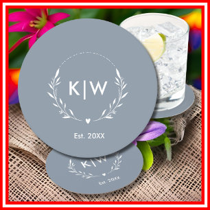 Stofbloem Blauw en Wit Modern Initialen Monogram Ronde Kartonnen Onderzetter
