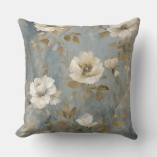 Stofbloem Blauw Goud Crème Vintage Bloemmotief Kussen