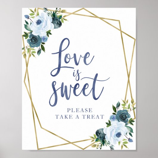 Stofbloem Blauw Gouden Bloemige Love Is Sweet Bord Poster (Voorkant)