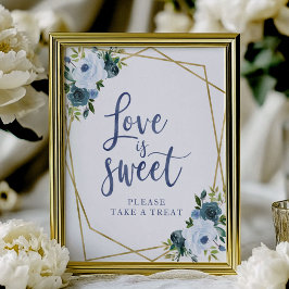 Stofbloem Blauw Gouden Bloemige Love Is Sweet Bord Poster