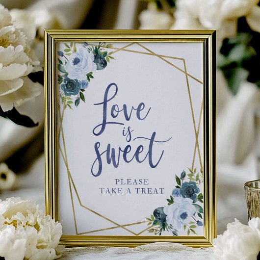 Stofbloem Blauw Gouden Bloemige Love Is Sweet Bord Poster