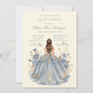Stofbloem Blauw Gouden Prinses Bloemstuk Quinceañe Kaart