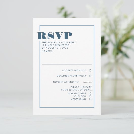 Stofbloem Blauw Minimalistische Trouw-RSVP RSVP Kaartje (Staand voorkant)