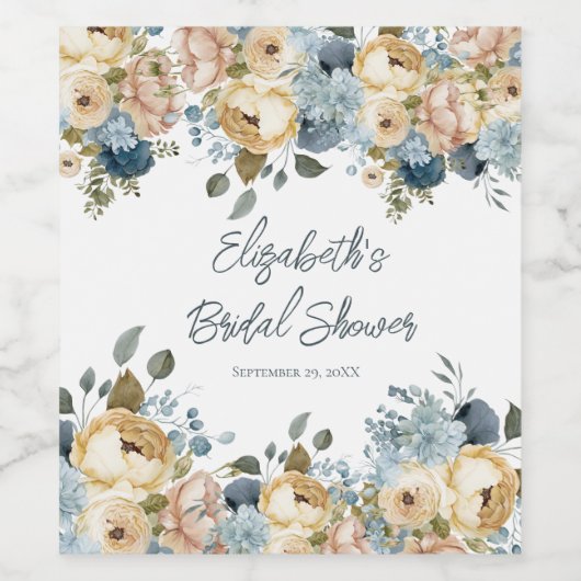 Stofbloem Blauw Roze Witte Bruiloft Feest Wijn Etiket (Enkel label)