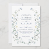 Stofbloem Blauw Rustieke Boho QR Code Trouwen Kaart (Voorkant)