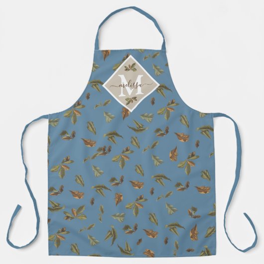 Stofbloem Blauw Rustieke Bruine Bladeren Monogram Schort (Voorkant)