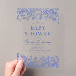 Stofbloem Blauw Vintage Bloem Chinoiserie Baby Bor Acryl Uitnodigingen