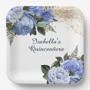 Stofbloem Blauw Vintage Bloem Goud Glitter Quincea Papieren Bordje