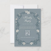 Stofbloem Blauw Vintage Bloemencode QR-code RSVP Kaartje (Voorkant)
