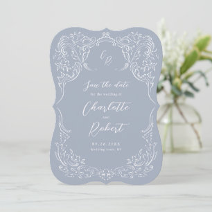 Stofbloem Blauw Vintage Bloemrijke Monogram Huweli Save The Date