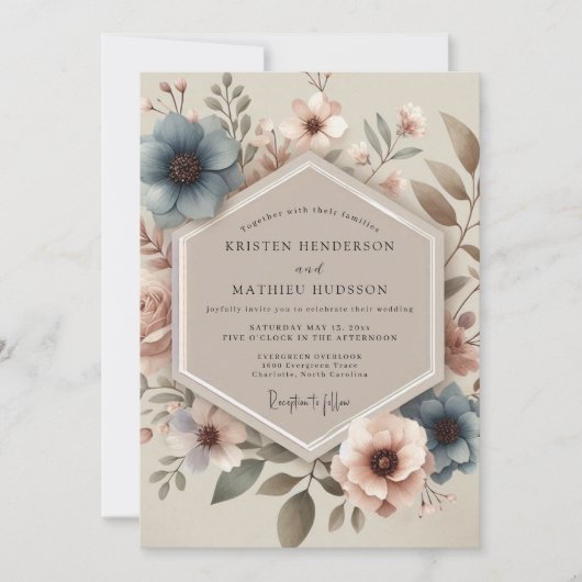 Stofbloem Blauw Vintage Bruiloft Kaart (Voorkant)