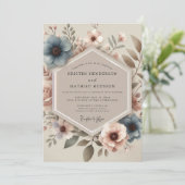 Stofbloem Blauw Vintage Bruiloft Kaart (Staand voorkant)