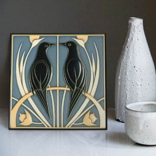 Stofbloem Blauw Vintage Vogels Mackintosh Art Deco Tegeltje