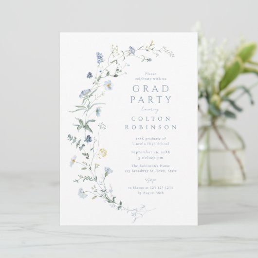 Stofbloem Blauw Wilde Bloem Rustieke Boho Afstudee Kaart (Staand voorkant)