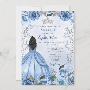 Stofbloem Blauw Zilveren Bloemen Princess SWEET 16 Kaart