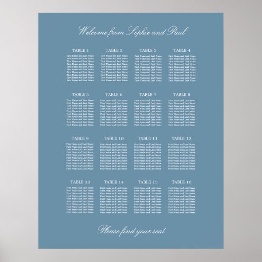 Stofbloem Blauwe 16 Tafel Trouw Stoelen Plattegron Poster (Voorkant)