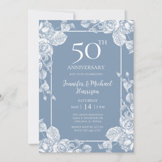 Stofbloem Blauwe 50ste Verjaardag Kaart (Voorkant)