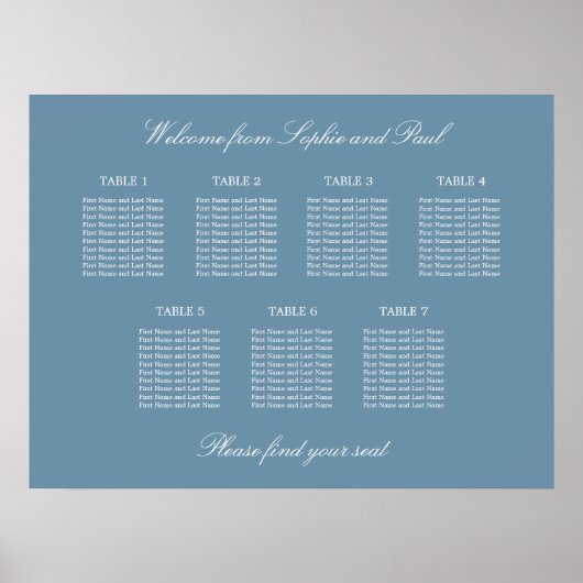 Stofbloem Blauwe 7 Tafel Bruiloft Zitplaats Chart Poster (Voorkant)
