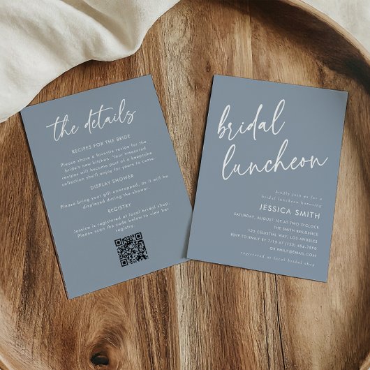 Stofbloem Blauwe All-in-One QR Code Bruidslunch Kaart