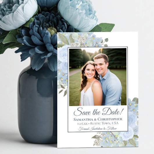 Stofbloem Blauwe Aquarel Boho Bloem Foto Bruiloft Save The Date