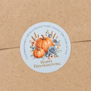 Stofbloem Blauwe Aquarel Thanksgiving Retouradres Ronde Sticker