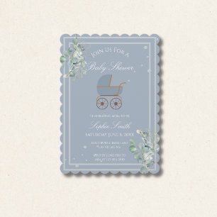 Stofbloem Blauwe Babykoets Baby Shower Uitnodiging