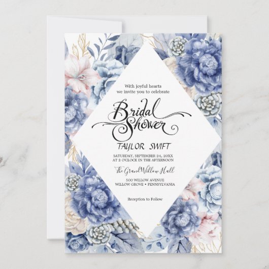 Stofbloem Blauwe Bloem Diamant | Bruiloft Feest  Kaart (Voorkant)