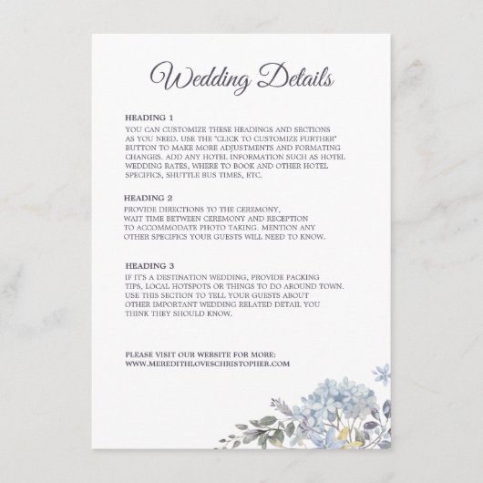 Stofbloem Blauwe Bloemen Combo Menu Trouwdetails (Voorkant)