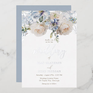 Stofbloem Blauwe Bloemen & Witte Rozen Trouw Zilve Folie Uitnodiging