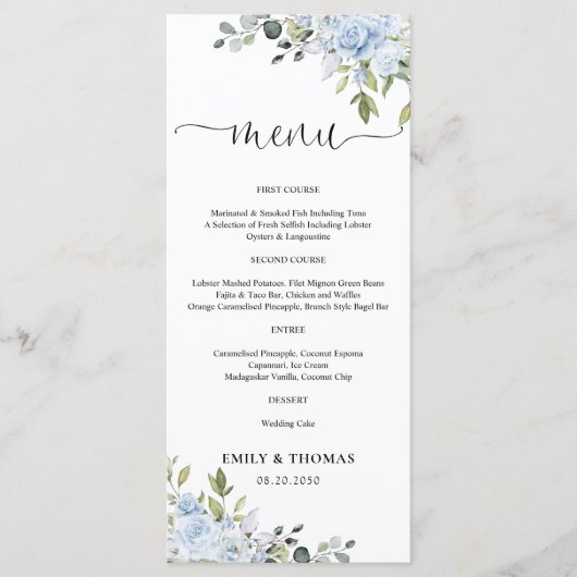 Stofbloem Blauwe Bloemige Eucalyptus Trouwmenu Menu (Voorkant)
