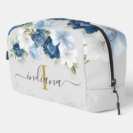 Stofbloem Blauwe Bloemige Monogram Script Waterver Toilettasje (Rechterhoek)