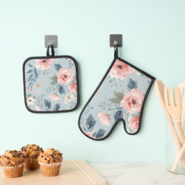 Stofbloem Blauwe Bloemige Waterverf Tuin Roze Bloe Ovenwant & Pannenlap Set
