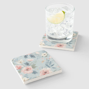 Stofbloem Blauwe Bloemige Waterverf Tuin Roze Bloe Stenen Onderzetter