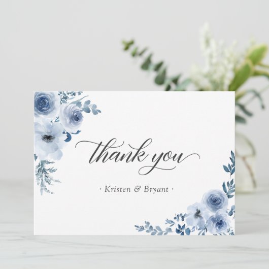 Stofbloem Blauwe Boheemse Pastel Bloem Kerst Platt Bedankkaart (Staand voorkant)